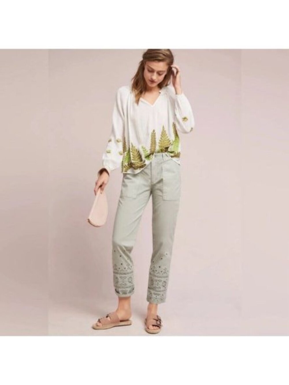 Anthropologie Light Khaki Eyelet Wanderer Utility Pants Sz 25 Cropped Ankle